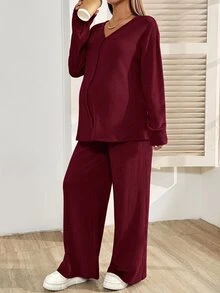 SHEIN 孕婦純色單排扣長袖上衣與可調腰圍長褲休閒兩件套 - 酒紅色 - 查看 3