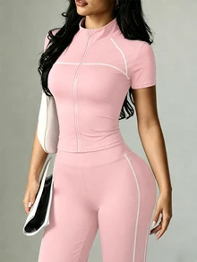 Dewbera Dewbera 2PCS Women's Sports Set Blush Pink Tight Fit Raglan Short Sleeve Color Block Split Stand Collar Full Zip Jacket Flare Pants Workout Yoga Gym Summer - Pink - View 2