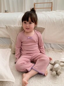 DAZY Baby Girl Bow Decor Long Sleeve Top And Pants Loungewear Set Fall - Pink - View 5