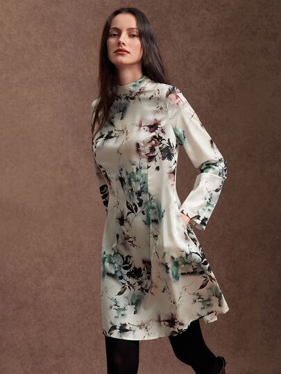 Zovinel Women's Fashion Vacation Floral Print Long Sleeve Dress