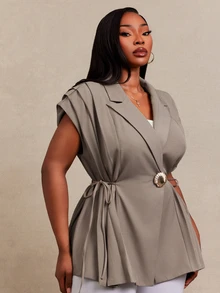 SHEIN SXY Grey Pleated Notch Lapel Waist-Cinching Sleeveless Blazer - Grey - View 1