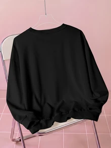THE POWERPUFF GIRLS X SHEIN كنزة رياضية كاجوال يومية للنساء بمقاسات كبيرة، بياقة طاقم وطباعة حروف كرتونية، للخريف - أبيض - مشاهدة 2