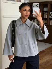 SHEIN Struktiv New Casual Minimalist Lapel Double-Breasted Drop Shoulder Faux Pocket Cropped Wool Jacket For Women's Daily Commute - Grey - View 3