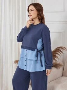Lacomfia Autumn/Winter Casual Elegant Ribbed Patchwork Crew Neck Pullover Knit Textured Tie-Up Button Patchwork Long Sleeve Loose Versatile Plus Size Women's 2 Pieces Set - Multicolor - View 6
