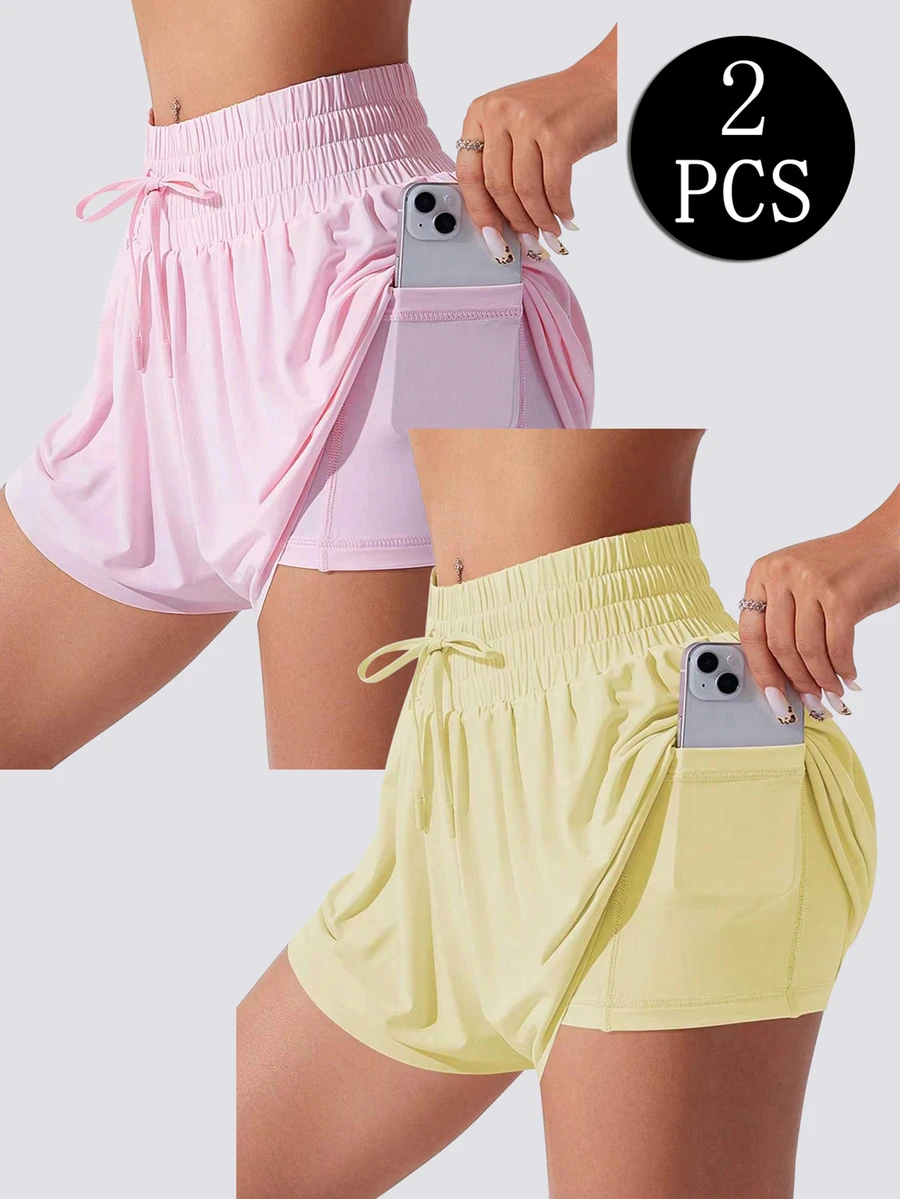 Velisys Velisys Women's Solid Color Pleated Casual Versatile Double Layer Sports Shorts 2-Pack - Pink - View 1