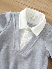 SHEIN 2件組男嬰秋冬休閒針織軟綿圓領長袖套頭衛衣與彈性腰長褲套裝，灰色，校園風，嬰兒套裝，衛衣套裝 - 彩色 - 查看 5
