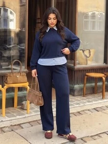 Elaquor Plus Size Button Striped Patchwork 2 In 1 Sweatshirt And Pocket Long Pants Two Pieces Set - Navy Blue - View 6
