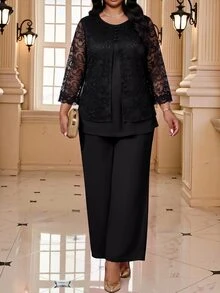 SHEIN Lady Plus Size Elegant Party Lace Patchwork Top And Pants 2 Pieces Set Fall - Black - View 1