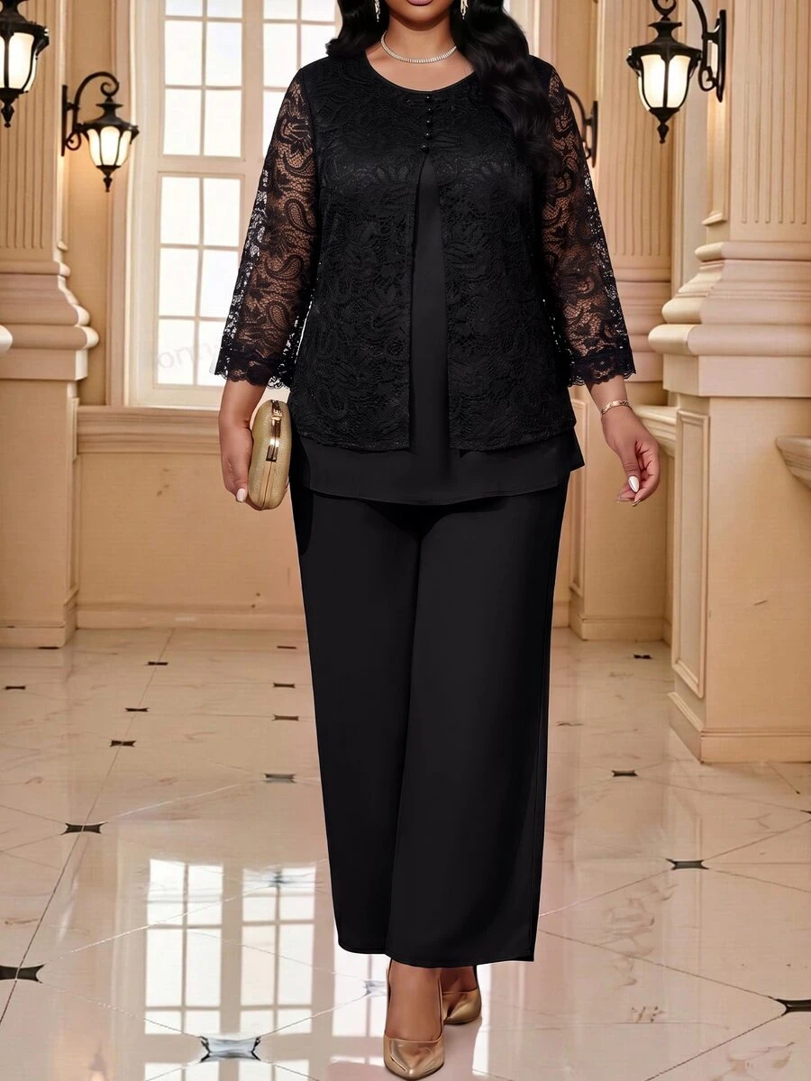 SHEIN Lady Plus Size Elegant Party Lace Patchwork Top And Pants 2 Pieces Set Fall - Black - View 1