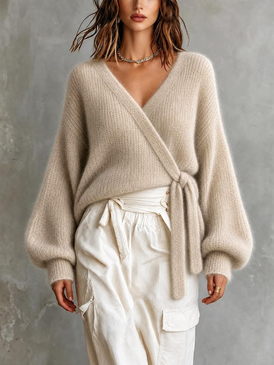 LUMIGAL Sweater Wanita Bergaya Vintage dengan Tali Pengikat untuk Liburan dan Perjalanan - Khaki - View 1