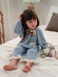 DAZY Baby Girls Round Neck Casual Comfortable Korean Style Long Sleeve 2 Pieces Set Autumn/Winter Loungewear - Baby Blue - View 1