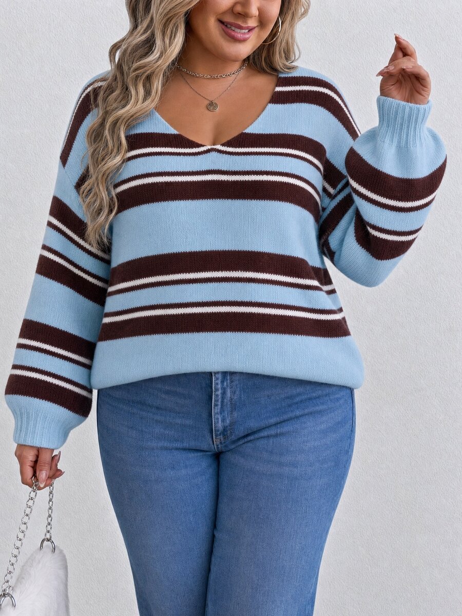 EMERY ROSE Lazy V-Neck Colorblock Striped Casual Versatile Knit Sweater Top - Multicolor - View 1