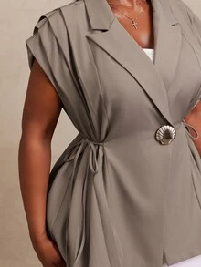 SHEIN SXY Grey Pleated Notch Lapel Waist-Cinching Sleeveless Blazer - Grey - View 3