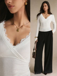 Poéselle Women's Elegant Solid Color Lace Trim T-Shirt, Autumn - White - View 2