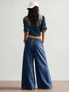 Bohemela Celana Jeans Denim Wanita Ukuran Besar Model Longgar dengan Kaki Lebar dan Bordir Bunga, Dilengkapi Tali Serut dan Karet Pinggang. - Medium Wash - View 8