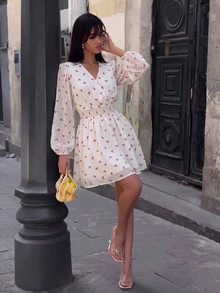 Flora Isola Flora Isola Women's Summer Off-White Cherry Print V-Neck Puff Lantern Long Sleeve Elastic Waist A-Line Mini Dress - Beige - View 5