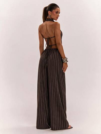 SHEIN BAE Conjunto de Top Sexy de unicolor con Espalda Descubierta y Pantalones de Pierna Ancha a Rayas Marrón Otoñal, Conjunto de Dos Piezas a Rayas Marrón con Espalda Descubierta, Conjunto a Rayas, Adecuado para Uso Diario, Uso en el Trabajo