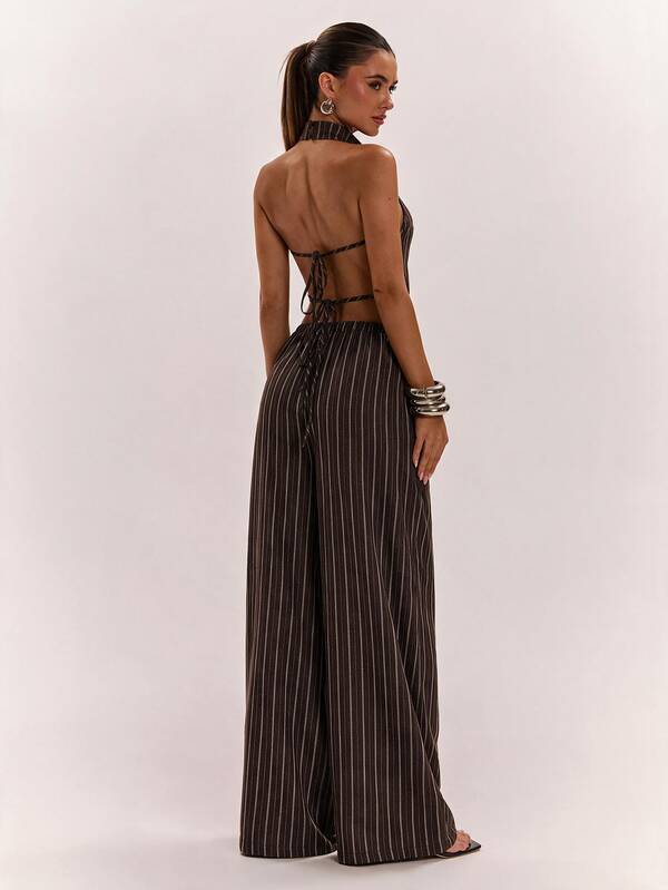 SHEIN BAE Autumn Brown Striped Sexy Solid Color Backless Halter Top & Wide Leg Pants Set, Brown Backless Striped Two Pieces Set, Striped Set, Suitable For Daily Wear, Commuting Wear
