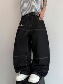 STEELVANCE Celana Jeans Denim Kasual Gaya Jalanan Vintage, Serbaguna, dengan Desain Lusuh, Dicuci, Bordir Rivet, Jahitan Kontras, Potongan Longgar, Lurus, dan Lebar (Sabuk Tidak Termasuk) - Hitam - View 7