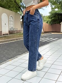 SHEIN PETITE Women's Casual Washed Tapered Jeans Fall - Dark Wash - View 5
