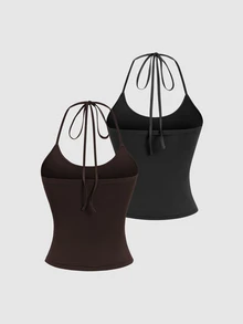 Sweetra Women's 2pcs Camisole Set, Lace Fabric, Elegant Vacation Style - Brown - View 2