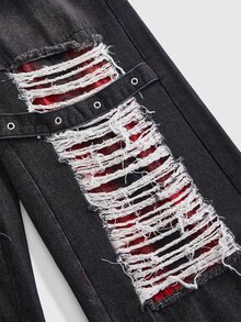 ROMWE Grunge Punk Women's Distressed Wide Leg Jeans Y2K Hip Hop Punk Gothic Style Black Washed Frayed Large Ripped Design With Rivet Strap Decor And Contrast Red Plaid Patchwork Comfortable Loose Wide Leg Denim Pants Suitable For Concerts, Street Style, Music Festivals, Nightclubs - Black - View 4