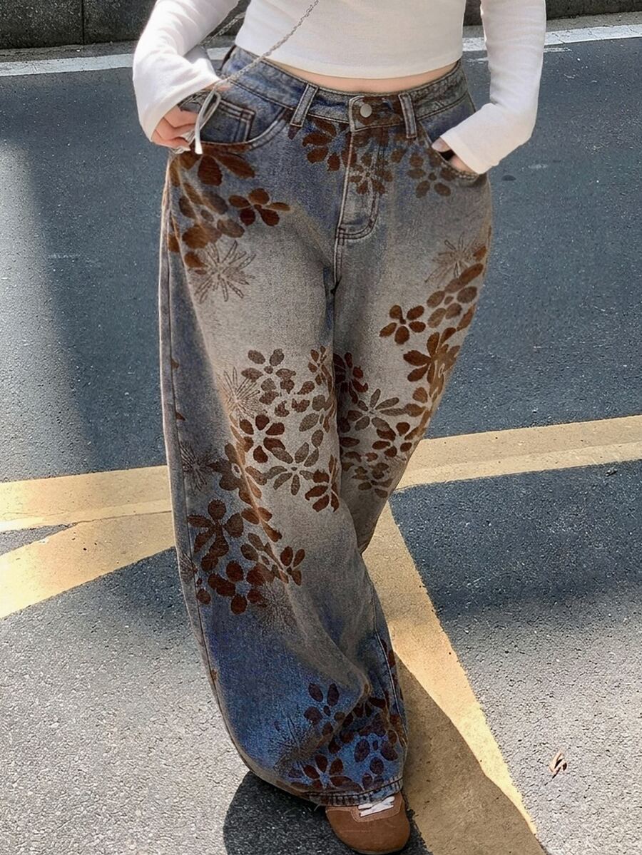 Dazy Plus Vintage Denim Flocked Heavy-Duty Loose Casual Curved Leg Long Jeans, Spring Autumn All-Season - Medium Wash - View 1