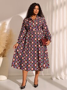 EMERY ROSE Gaun Wanita Ukuran Besar Lengan Panjang Motif Geometris dengan Saku, Kasual Elegan, Cocok untuk Musim Gugur, Kantor, Formal, dan Acara Malam, Warna Hitam - MultiWarna - View 1