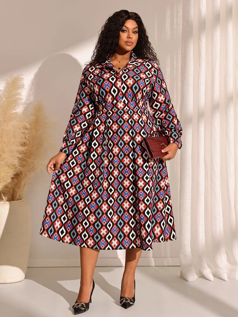 EMERY ROSE Gaun Wanita Ukuran Besar Lengan Panjang Motif Geometris dengan Saku, Kasual Elegan, Cocok untuk Musim Gugur, Kantor, Formal, dan Acara Malam, Warna Hitam - MultiWarna - View 1