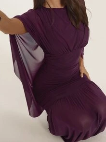 SHEIN BAE 優雅派對純色披肩袖洋裝 - 中紫紅色 - 查看 7