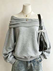 Lalippa New American Style Cold Shoulder Off-Shoulder Loose Long Sleeve Sweatshirt - Grey - View 1