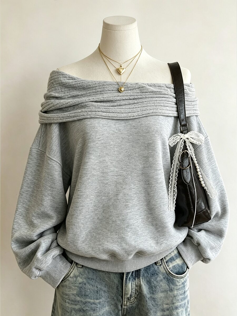 Lalippa New American Style Cold Shoulder Off-Shoulder Loose Long Sleeve Sweatshirt - Grey - View 1