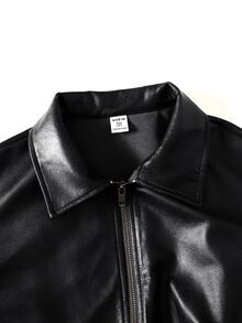 SHEIN 青少年女孩秋/冬新款美式復古黑色磨損PU皮革短夾克，適合秋冬季節 - 黑色 - 查看 4