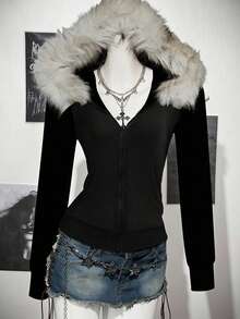 SHEIN Sweetra Young Teenager Sweatshirt, Long Sleeve, Fleece, Fall Clothes, Fall, 3D Cut Design, Hood Decorated With Faux Fur Trim, Very Fashionable And Casual To Wear - Black - View 2