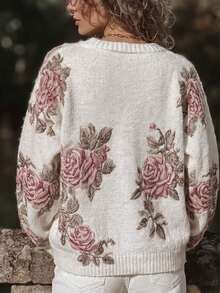 SHEIN French Vintage Loose Drop Shoulder Soft Vibe Floral Pattern Pullover Sweater - Apricot - View 2