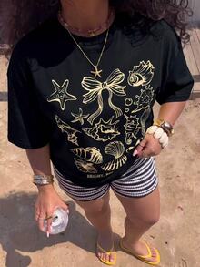 Muchica 大尺碼女款貝殼印花短袖上衣與短褲休閒日常兩件套 - 黑色 - 查看 4