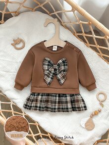 Cozy Pixies 兒童新生兒圓領長袖運動衫 格紋拼接下擺洋裝 - 棕色 - 查看 4