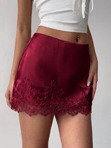 Aloruh Women's Elegant Low Waist Lace Patchwork Satin Fitted Pink Mini Skirt - Burgundy - View 6