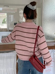 Dazy Plus Sweater Pullover Longgar Kasual dengan Motif Patchwork Blok Warna untuk Musim Gugur/Dingin - Berwarna merah muda - View 2