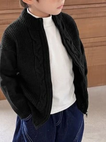 SHEIN 兒童小男孩休閒扭轉領拉鍊開襟秋季毛衣 - 黑色 - 查看 1