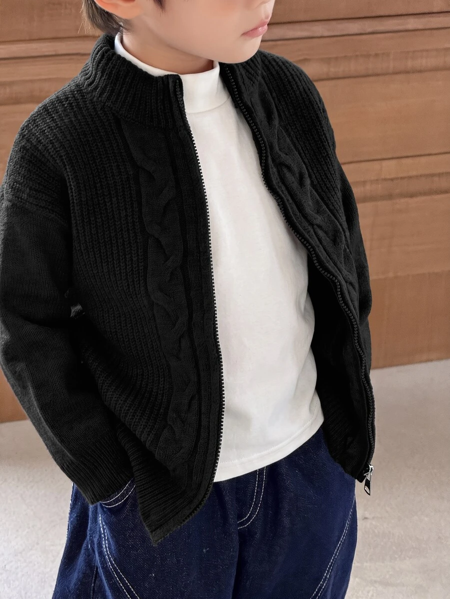 SHEIN 兒童小男孩休閒扭轉領拉鍊開襟秋季毛衣 - 黑色 - 查看 1