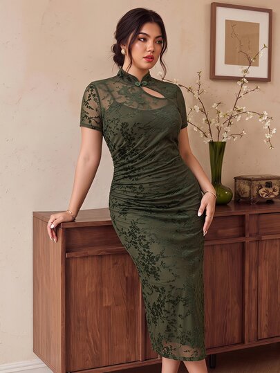 EastFlair Plus Size Women's Flocked Mesh Short Sleeve Button Design Fitted Elegant Dress