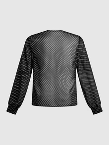 Trelyra Áo blouse nữ nửa xuyên thấu họa tiết chấm bi đen trắng phối bèo, phong cách gợi cảm đi chơi mùa thu - màu đen - Xem 4