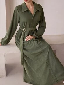 Graceveil Army Green Corduroy Collared Long Robe Dress With Metal Ring Waist Belt, Long Sleeve Muslim Conservative Dress - Army Green - View 7