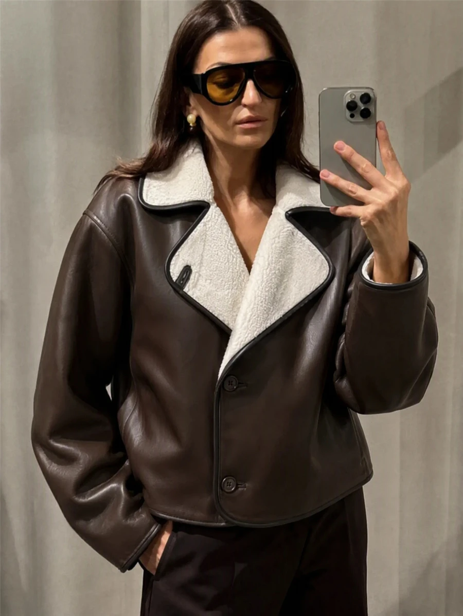 Lavishia Jaket PU Lengan Kopi Berlapisan Termal Musim Gugur Terbaru untuk Wanita - Coffee Brown - View 1