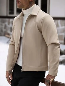 Manfinity Homme 男士休閒純色拉鍊百搭外套 - 卡其色 - 查看 3