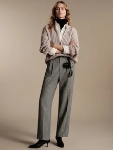 Anewsta Essential Women's Elegant Commute High Waist Pleated Side Button Straight Leg Trousers Grey Pants, Suitable For Commute, Daily, Date Outfits - Grey - View 3