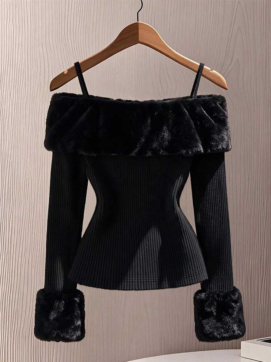 Elenzga Plus Size Elegant Fuzzy Patchwork Ribbed Brushed Off-Shoulder Camisole T-Shirt - Black - View 1