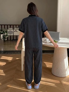DAZY 2件組格紋刺繡圖案睡衣套裝 - 藏蓝色 - 查看 2