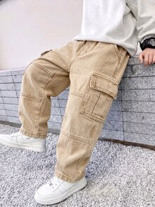 SHEIN Genkimix Kids 男童卡其色牛仔工裝褲，冬季休閒日常穿著，彈性腰頭附可調節抽繩，大口袋，寬鬆直筒版型，四季皆宜 - 卡其色 - 查看 1